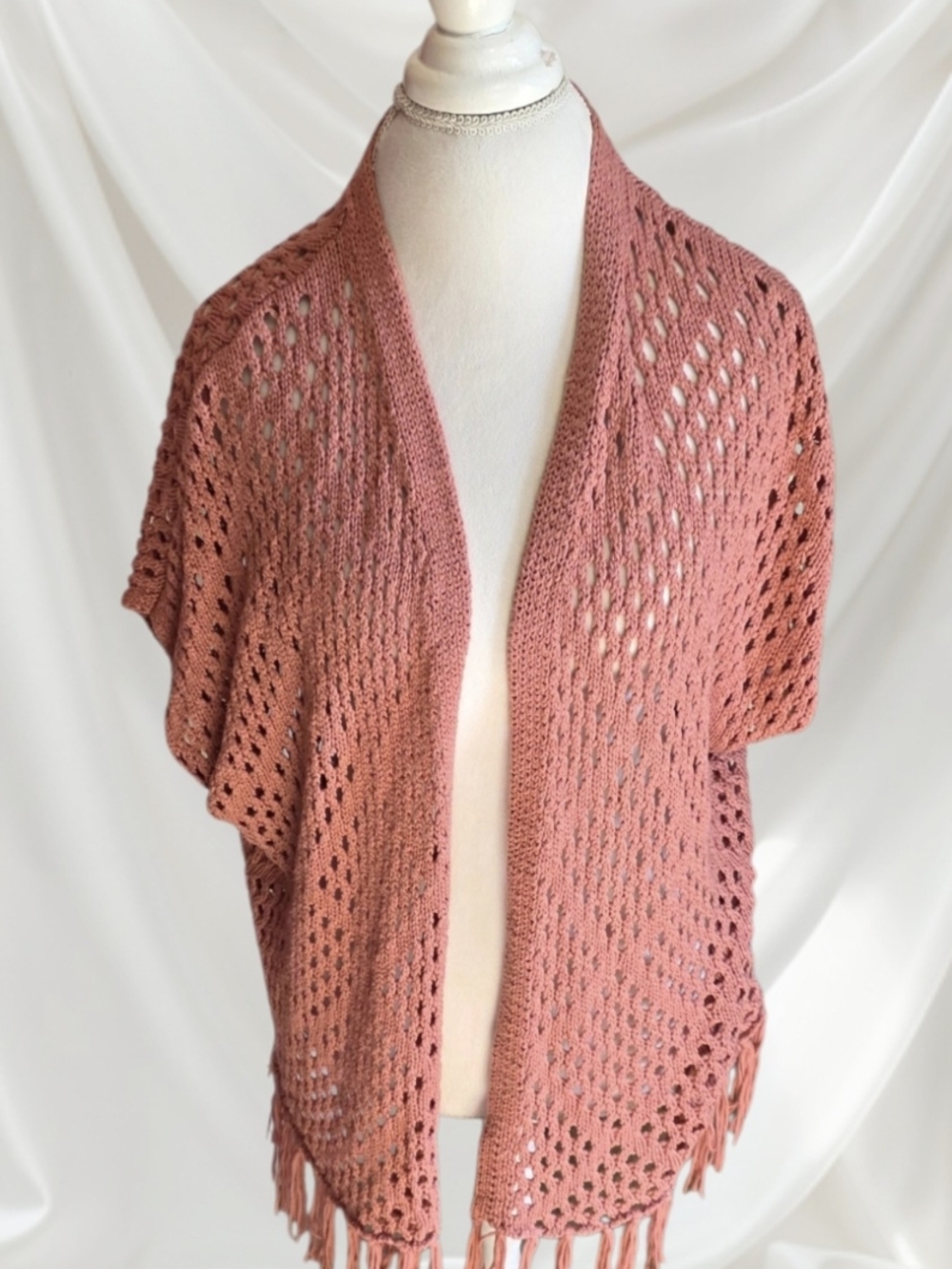 🍑 Lane Bryant Open-Front Knit Fringe Shrug in Dusty Rose